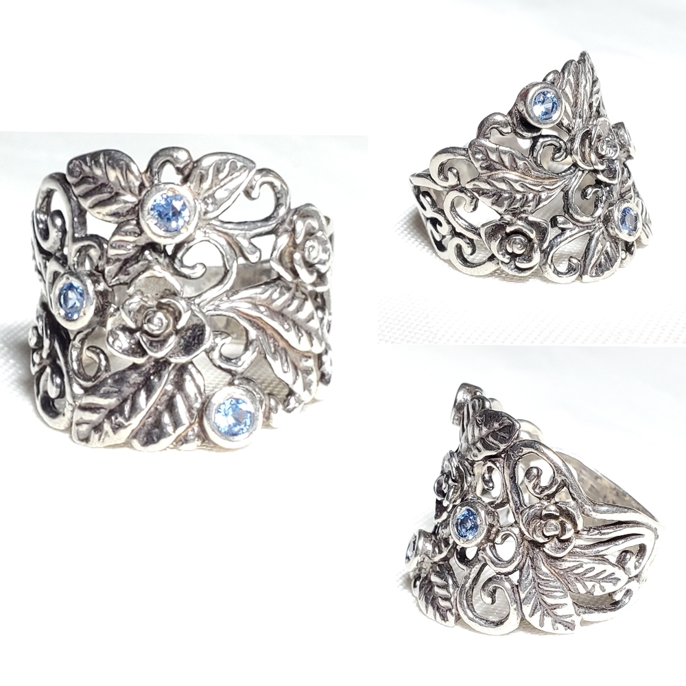 Vtg DIDAE Floral Blue Topaz Sz 7.75 Shablool Israel 925 Sterling Silver - Picture 6 of 10